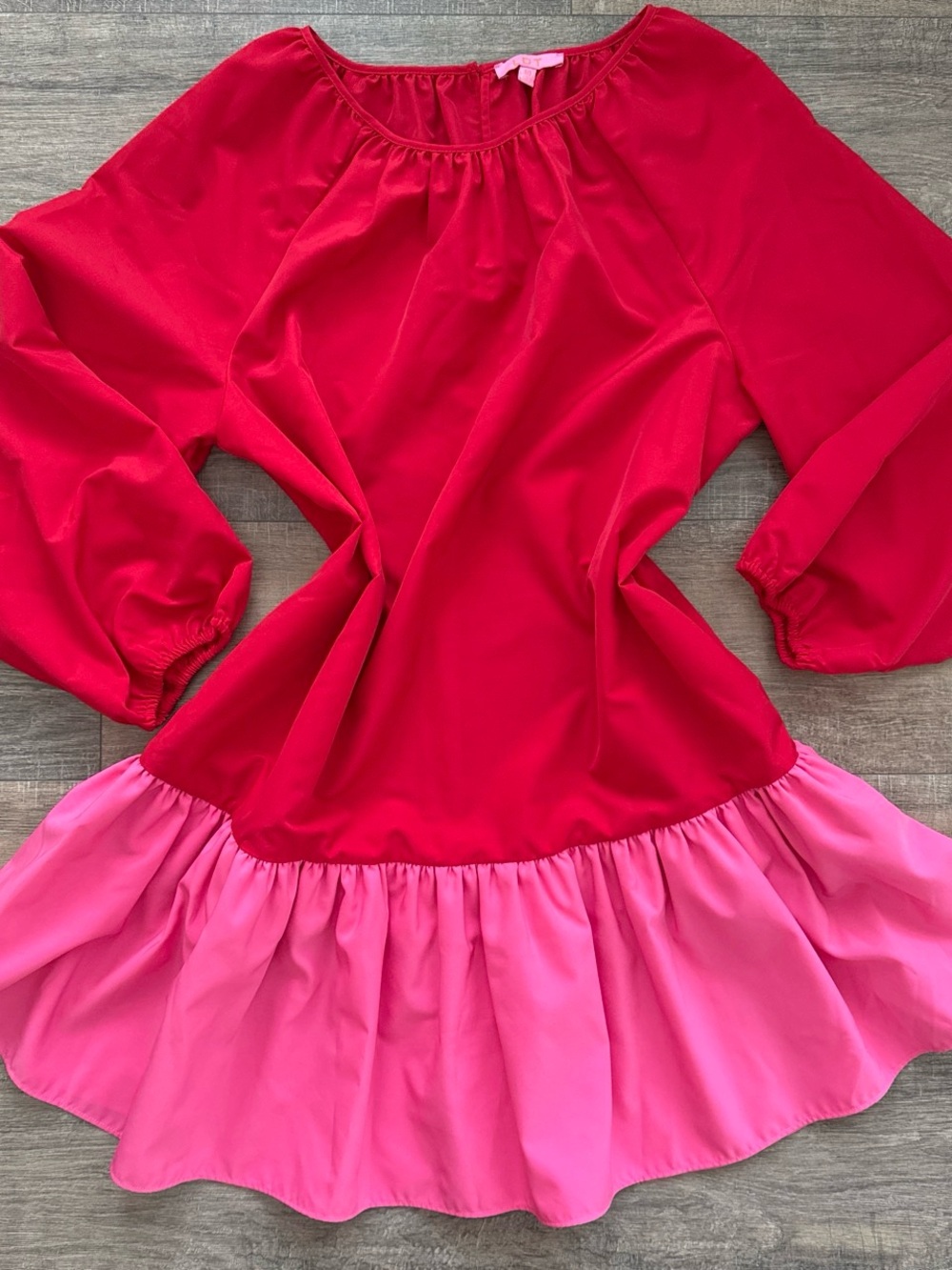 LDT RED & PINK COLORBLOCK BALLOON SLEEVE BABYDOLL DRESS SIZE 10